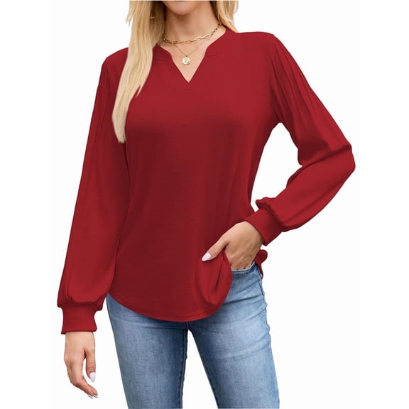 Women V Neck Pleated Puff Sleeve Tunic Tops Red L