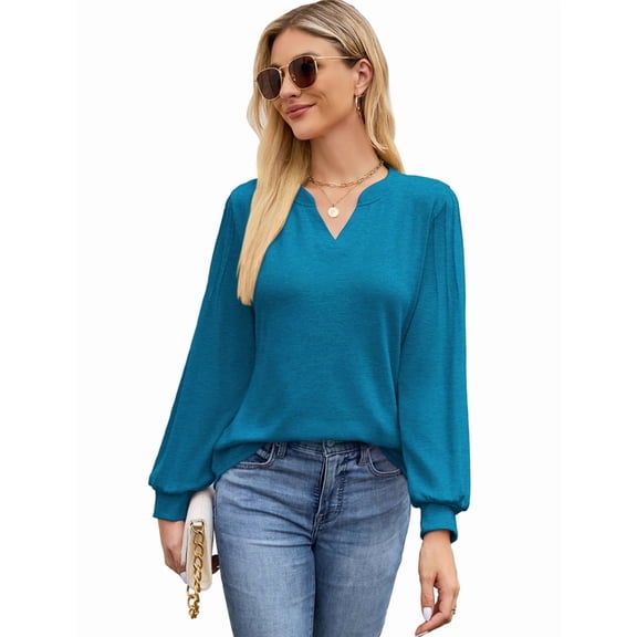 Women V Neck Pleated Puff Sleeve Tunic Tops Teal Green S