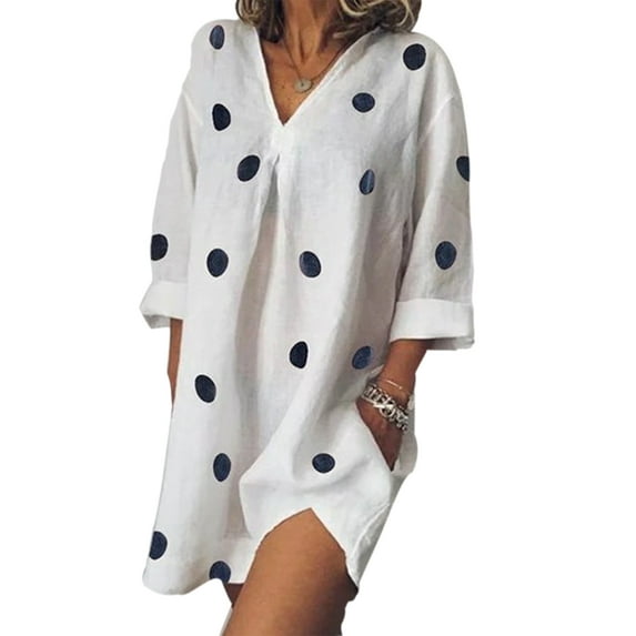 Women V Neck Polka Dot T shirt Dress Swimsuit Beach Cover Up Long Sleeve Linen Casual Loose Tunic Top Slit Shirt Dress with Pocket