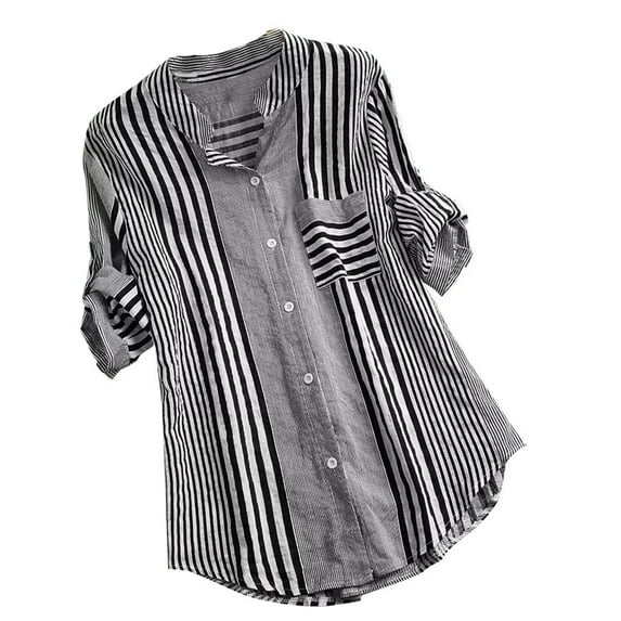 Women V Neck Print 3/4 Sleeve Cotton Linen T-shirt Casual Blouse Tops Women Plus Size Three Quarter Striped Print V-Neck Loose Fit Top T-Shirt Blouse V Neck Blouse Printed V-neck Shirt