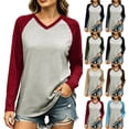 thumbnail image 1 of Women V Neck Raglan Color Block Long Sleeve T-Shirt Loose Relaxed Fit Contrast Sleeve Solid Spliced Casual Basic Top Fashion Versatile Layering Tee for Autumn Winter, 1 of 7