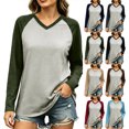 thumbnail image 1 of Women V Neck Raglan Color Block Long Sleeve T-Shirt Loose Relaxed Fit Contrast Sleeve Solid Spliced Casual Basic Top Fashion Versatile Layering Tee for Autumn Winter, 1 of 7