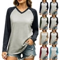 thumbnail image 1 of Women V Neck Raglan Color Block Long Sleeve T-Shirt Loose Relaxed Fit Contrast Sleeve Solid Spliced Casual Basic Top Fashion Versatile Layering Tee for Autumn Winter, 1 of 7