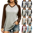 thumbnail image 1 of Women V Neck Raglan Color Block Long Sleeve T-Shirt Loose Relaxed Fit Contrast Sleeve Solid Spliced Casual Basic Top Fashion Versatile Layering Tee for Autumn Winter, 1 of 7