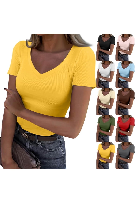 Women V Neck Ribbed Fitted Tight Tshirt Short Sleeve Shirt Basic Knit Top Brown 2XL