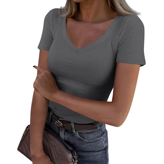 Women V Neck Ribbed Fitted Tight Tshirt Short Sleeve Shirt Basic Knit Top Dark Gray XL
