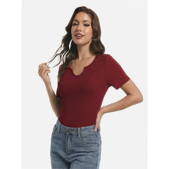 Women V Neck Ribbed Short Sleeve Shirt Fitted Basic Henley Knit Top