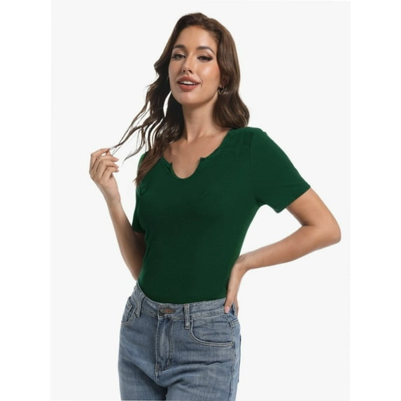 Women's Short Sleeve V-Neck Ribbed Knit T-Shirt - Fitted Basic Top