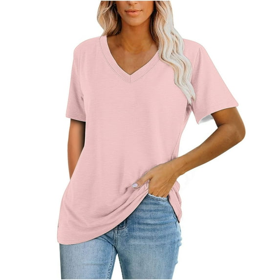 Women V Neck Rolled Sleeve Tops Summer Curved Hem Short Sleeve T Shirts Loose Fit Tees 2025
