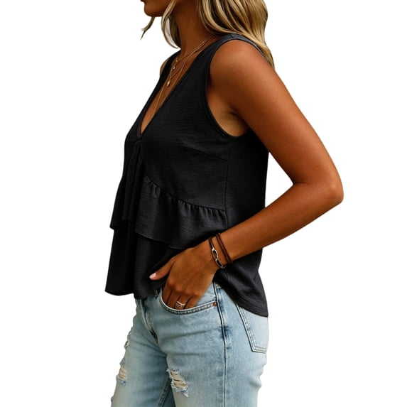 Women V Neck Ruffle Hem Tank Top Sleeveless Flowy Peplum Blouse Casual Black S