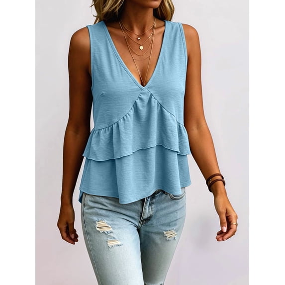Women V Neck Ruffle Hem Tank Top Sleeveless Flowy Peplum Blouse Casual Light Blue XXXL