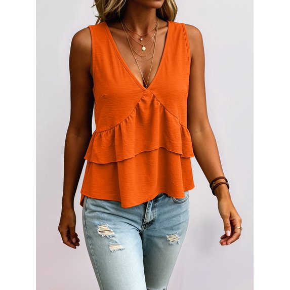Women V Neck Ruffle Hem Tank Top Sleeveless Flowy Peplum Blouse Casual Tangerine Color XL