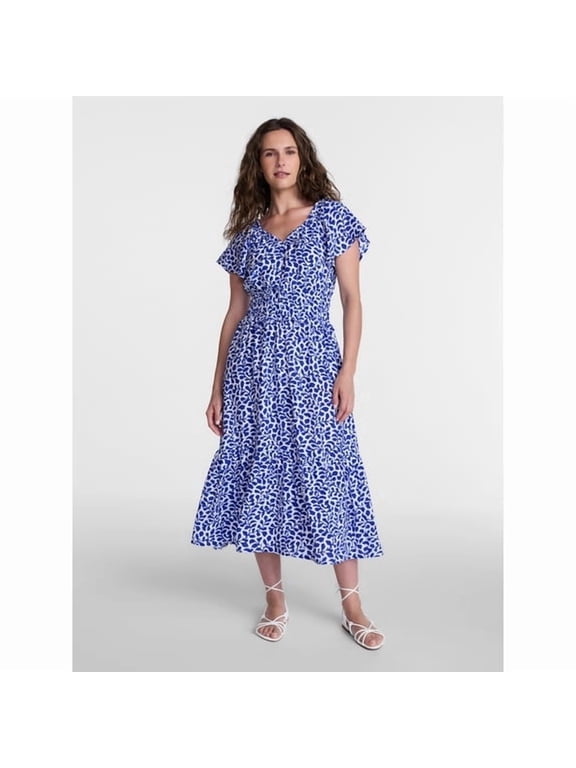Women V Neck Ruffle Short Sleeve Midi Dress, Blue Leaf Print Smocked Waist Tiered Flowy Summer Dress