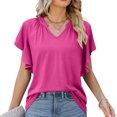thumbnail image 1 of Women V Neck Ruffle Short Sleeve Shirts Summer Fashion Casual Loose Pure Color Womens Ruffle Short Sleeve Blouse Rose Red L, 1 of 6