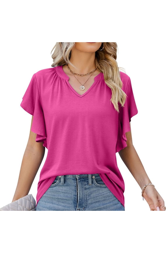 Women V Neck Ruffle Short Sleeve Shirts Summer Fashion Casual Loose Pure Color Womens Ruffle Short Sleeve Blouse Rose Red S