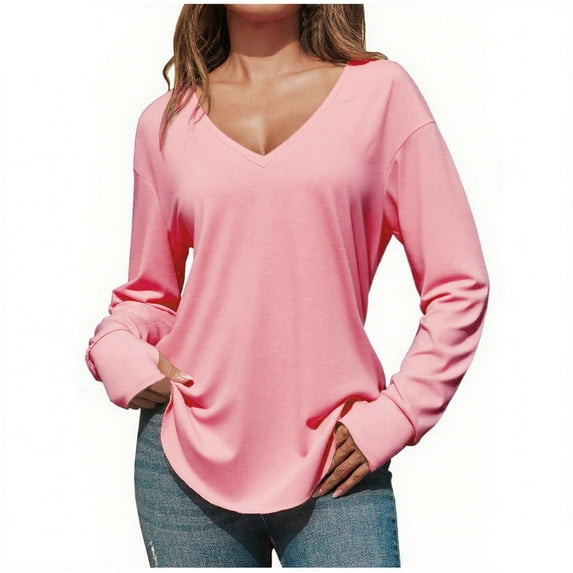 Women V Neck Shirts Casual Long Sleeve Work Slim Fit Shirt Solid Color Fall Winter Fashion Lightweight Pullover