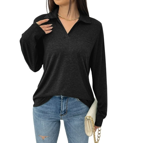 Women V Neck Shirts Short Sleeve Collared Tops Loose Casual Tunic Blouses with Pocket Black S