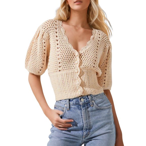 Women V Neck Short Sleeve Cropped Cardigan Sweater Drop Shoulder Jacket