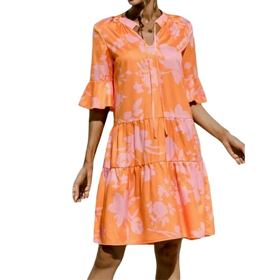 Women V Neck Short Sleeve Floral Babydoll Mini Dress Ruched Ruffle Loose A-line Short Dress Boho Flowy Beach Swing Dress