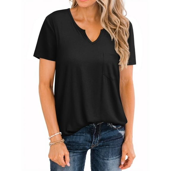 Women V Neck Short Sleeve Front Pocket T-Shirt, S