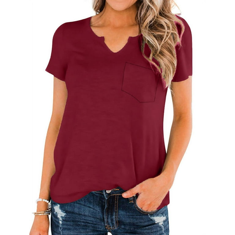 Women V Neck Short Sleeve Front Pocket T-Shirt