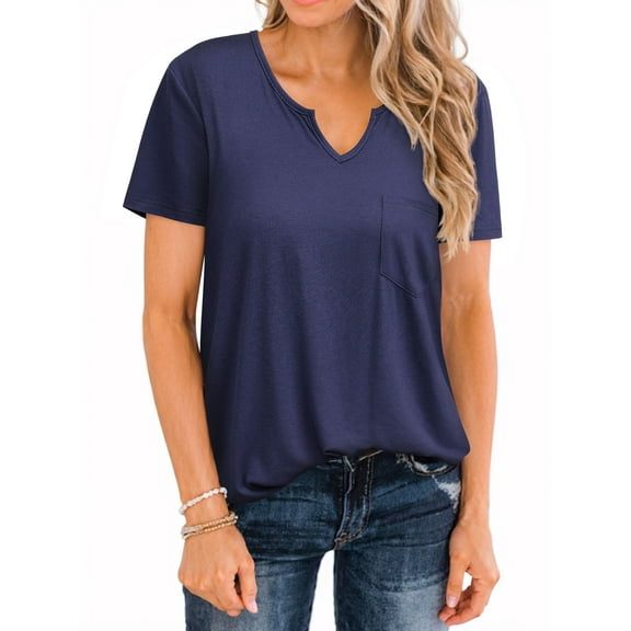 Women V Neck Short Sleeve Front Pocket T-Shirt
