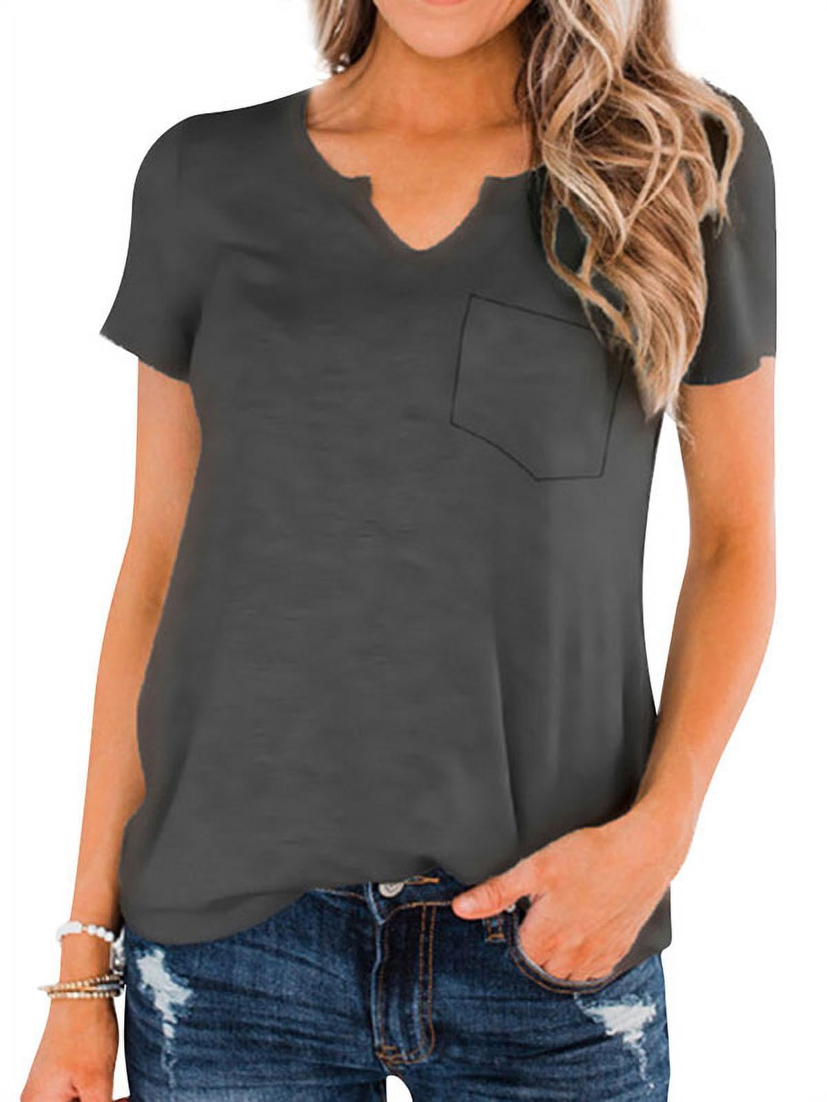 Women V Neck Short Sleeve Front Pocket TShirt