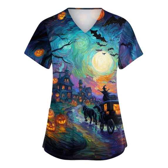 Women V Neck Short Sleeve Scrub Top with Pockets Halloween Pumpkin Print Workwear Blouse for Medical Healthcare Professionals
