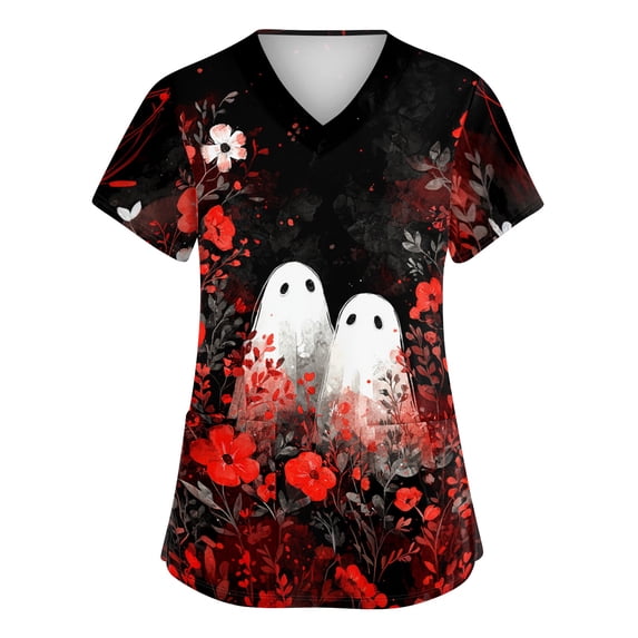 Women V Neck Short Sleeve Scrub Top with Pockets Halloween Pumpkin Print Workwear Blouse for Medical Healthcare Professionals
