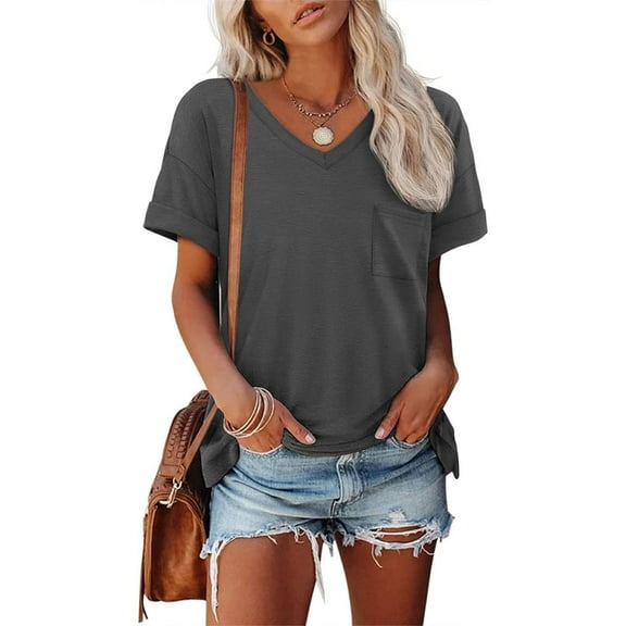 New Women V Neck Short Sleeve Solid Loose T-shirts Summer Fashion Female Pocket Streetwear Tee Tops