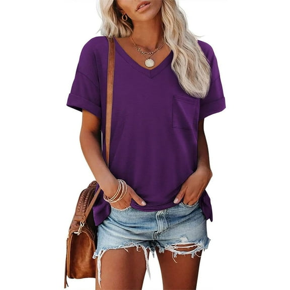New Women V Neck Short Sleeve Solid Loose T-shirts Summer Fashion Female Pocket Streetwear Tee Tops