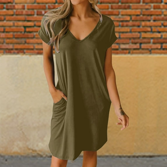Women V Neck Short Sleeve Summer Dresses 2024 Spring Casual Loose T Shirt Tunic Short Dress Pajamas With Pockets Summer Ruffle Dresses for Women Petite Dresses for Women Casual Long Sleeve Woman Maxi