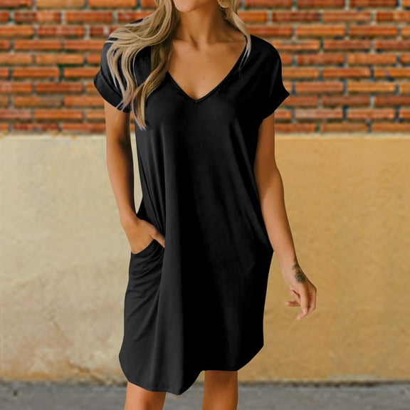 Women V Neck Short Sleeve Summer Dresses 2024 Spring Casual Loose T Shirt Tunic Short Dress Pajamas With Pockets Summer Ruffle Dresses for Women Petite Dresses for Women Casual Long Sleeve Woman Maxi