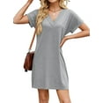 thumbnail image 1 of Women V Neck Short Sleeve Summer Dresses Beach 2025 Spring Casual Loose Tunic Short T-Shirt Dress Pajamas Light Gray XXL, 1 of 7