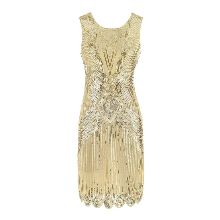 Women V Neck Short Sleeve Vintage Tassels Cocktail Flapper Dress Midi Length Gold XL