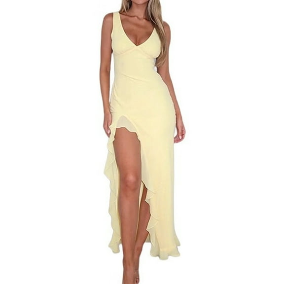 Women V Neck Sleeveless Mesh Ruffle Hem Bodycon Maxi Casual Backless High Slit Cocktail Party Dress Yellow L