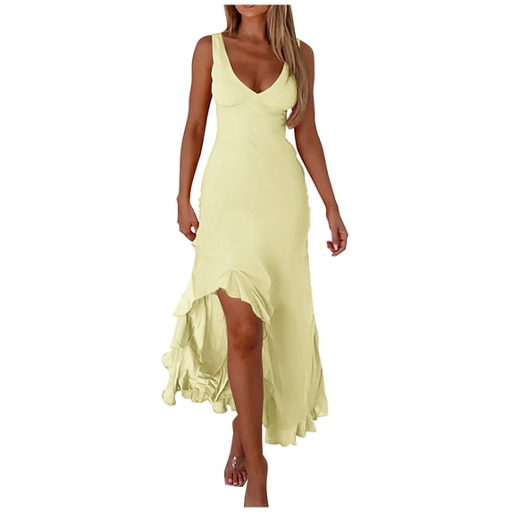 Women V Neck Sleeveless Mesh Ruffle Hem Bodycon Maxi Casual Backless High Slit Cocktail Party Dress