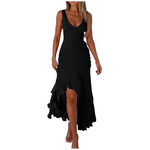 Women V Neck Sleeveless Mesh Ruffle Hem Bodycon Maxi Casual Backless High Slit Cocktail Party Dress