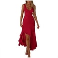 thumbnail image 1 of Women V Neck Sleeveless Mesh Ruffle Hem Bodycon Maxi Casual Backless High Slit Cocktail Party Dress, 1 of 6