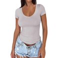 thumbnail image 1 of Women V Neck Slim T Shirts Summer Solid Basic Short Sleeve Low Cut Stretchy Tees Going Out Tight Tops, 1 of 8