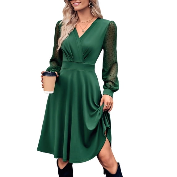 Women V Neck Smocked Short Dress Long Sleeve High Waist A-Line Cocktail Mini Summer Fall Dresses 2025