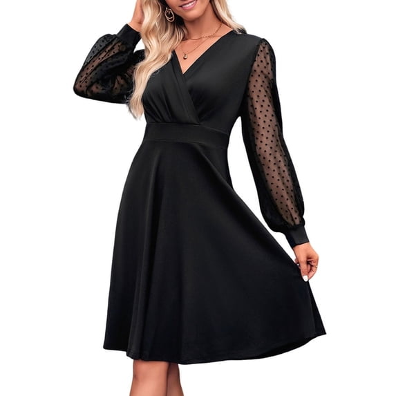 Women V Neck Smocked Short Dress Long Sleeve High Waist A-Line Cocktail Mini Summer Fall Dresses 2025
