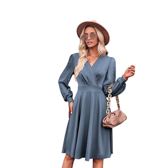 Women V Neck Smocked Short Dress Long Sleeve High Waist A-Line Cocktail Mini Summer Fall Dresses 2025