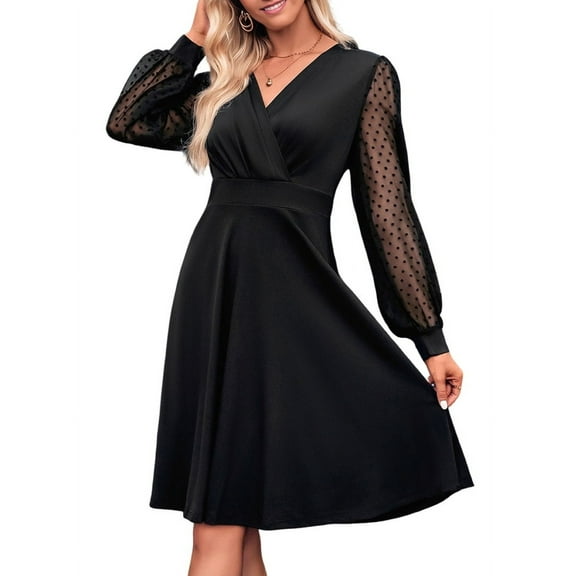 Women V Neck Smocked Short Dress Long Sleeve High Waist A-Line Cocktail Mini Summer Fall Dresses Black S