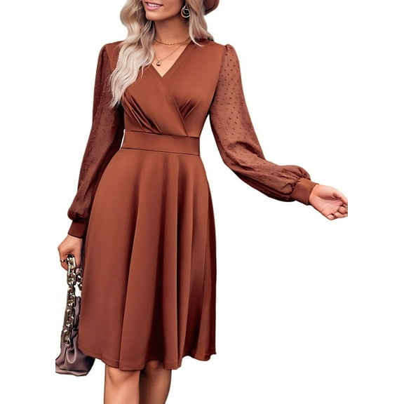 Women V Neck Smocked Short Dress Long Sleeve High Waist A-Line Cocktail Mini Summer Fall Dresses Caramel S