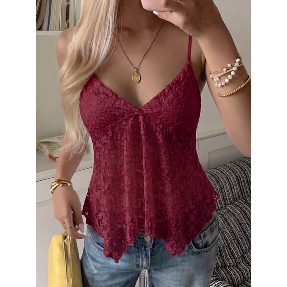 Women V Neck Spaghetti Strap Cami Top Irregular Hem Casual Daily Street Going Out Tank