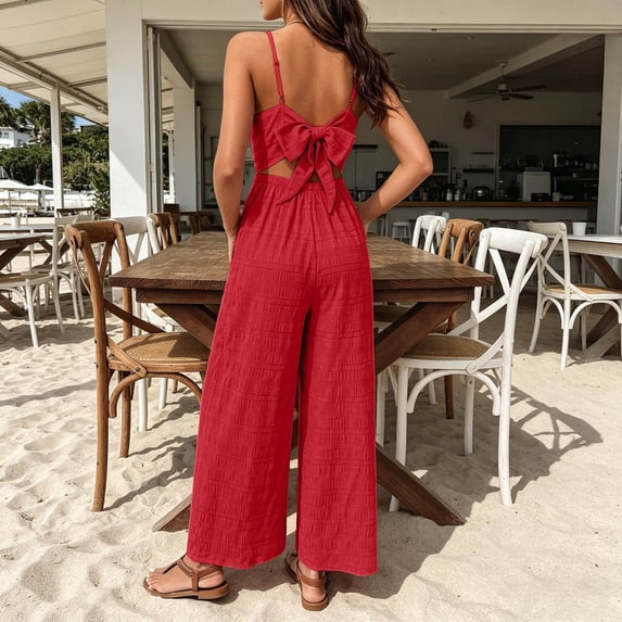 Women V Neck Spaghetti Wide Leg Jumpsuits Casual Boho Overalls Sleeveless Spaghetti Strap Wide Leg Pants Romper with Pockets(Red,L)