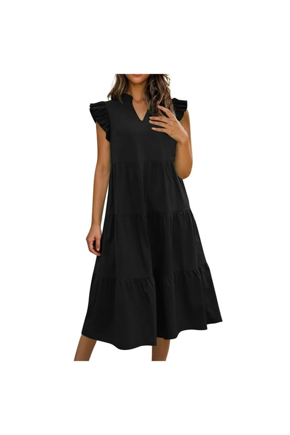 Women V Neck Spandex Brunch Dresses for Teen Girls Sleeveless Cap Sleeve Long Pleated Cami Tank Plain High Low Midi Knee High Fall Summer 2025 Clothing