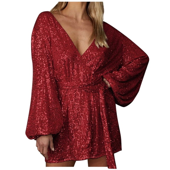 Women V Neck Sparkly Sequin Mini Dress Long Sleeve Homecoming Wrap V-Neck Loose Glitter Cocktail Party Club Mini Dresses XL