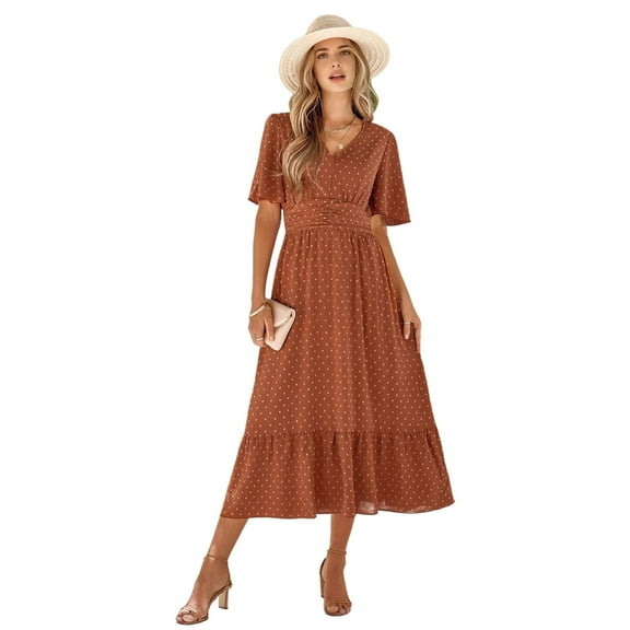 Women V Neck Summer Dress Ruffle Sleeves Dot Boho Flowy Beach Long Maxi Cocktail Dresses Brick red L